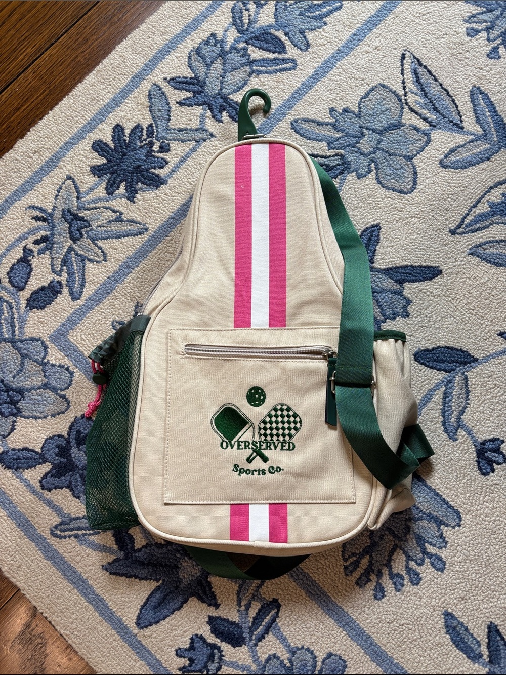 Overserved Sports Co. Cream Canvas Sling Bag with Pink Stripe